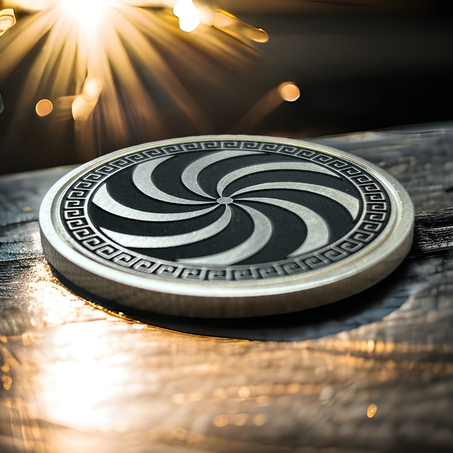 Optical Spiral Coin – Hypnotic Greek Pattern Design