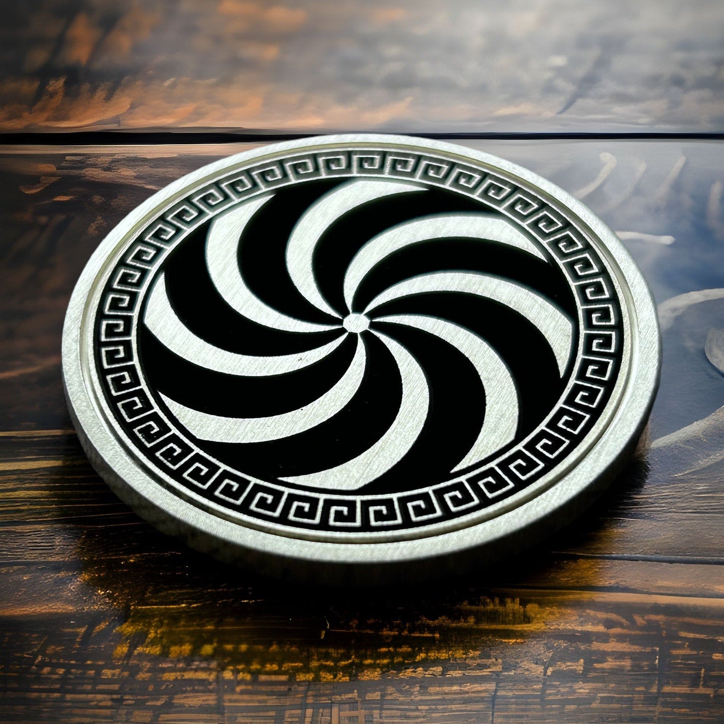 Optical Spiral Coin – Hypnotic Greek Pattern Design