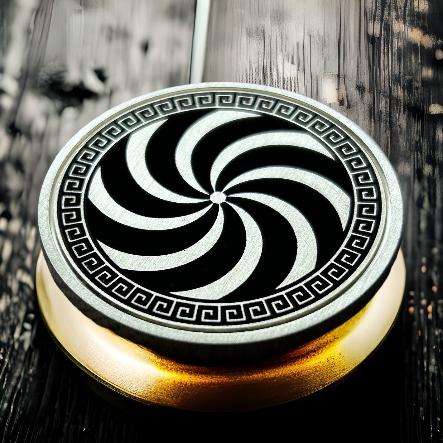 Optical Spiral Coin – Hypnotic Greek Pattern Design