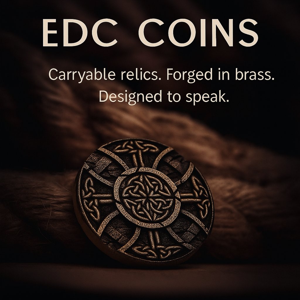 Brass EDC coin engraved with Celtic knotwork, resting on thick rope with warm lighting. Overlay text reads: 'EDC COINS – Carryable relics. Forged in brass. Designed to speak.'