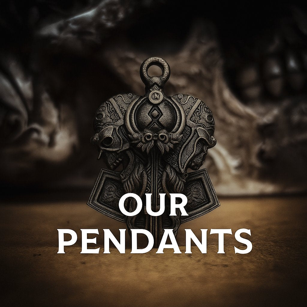 A detailed Norse-inspired pendant featuring twin ram skulls and intricate knotwork, standing upright against a dark, dramatic background.