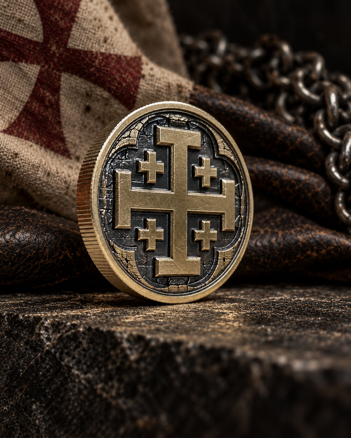 A round coin-style pendant or medallion with a raised cross motif, shown standing on a dark textured surface. The coin has an antique gold/brass-toned edge and face with dark recessed detailing.