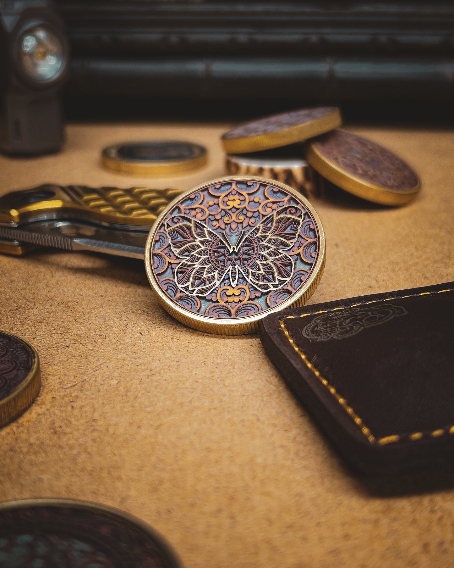 Multicoloured Butterfly mandala coin