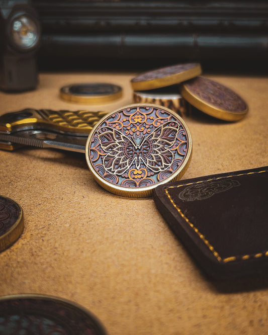Multicoloured Butterfly mandala coin