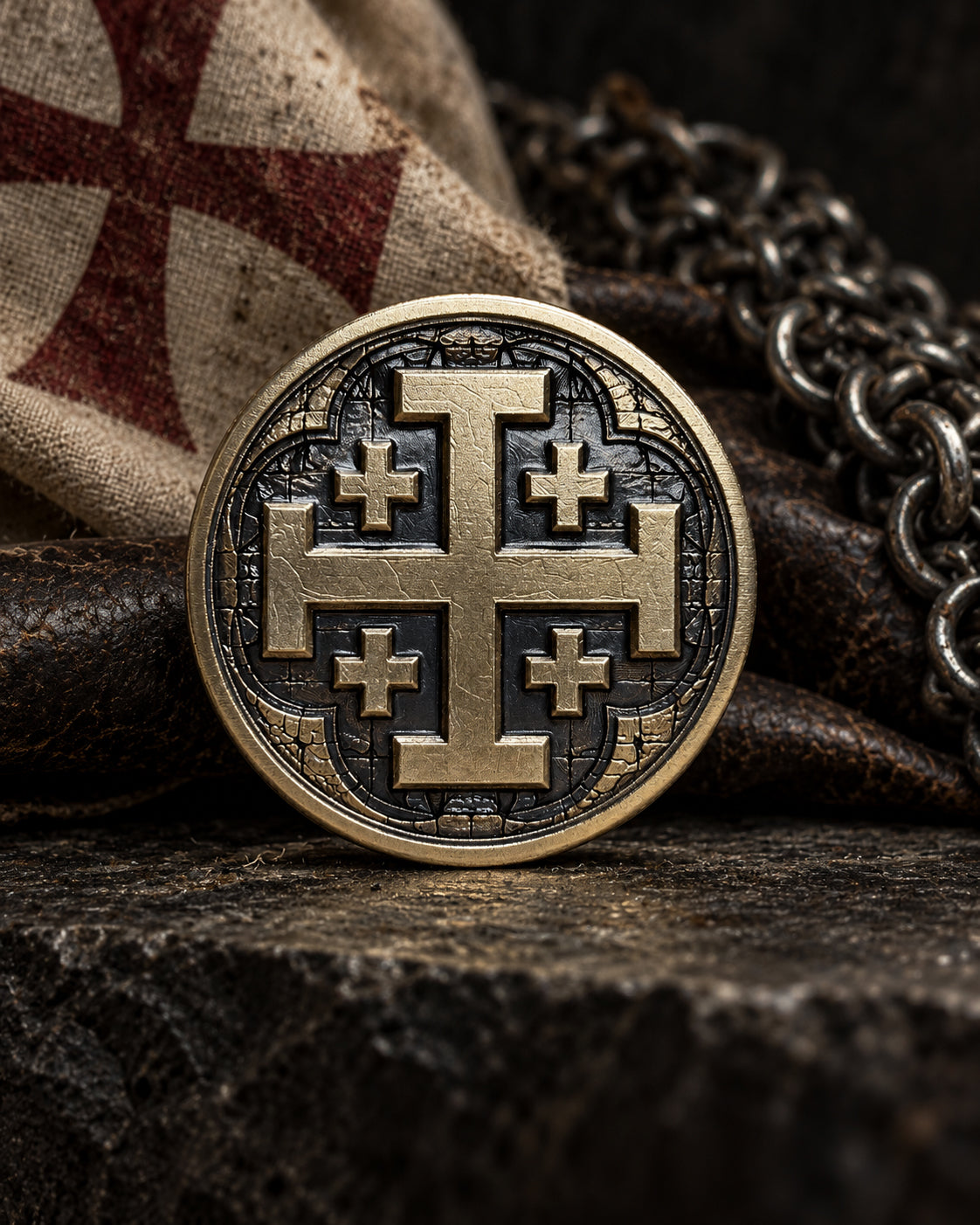 A round bronze and black pendant featuring a Jerusalem cross design, displayed on a dark textured surface with a chain and a rustic cloth in the background.