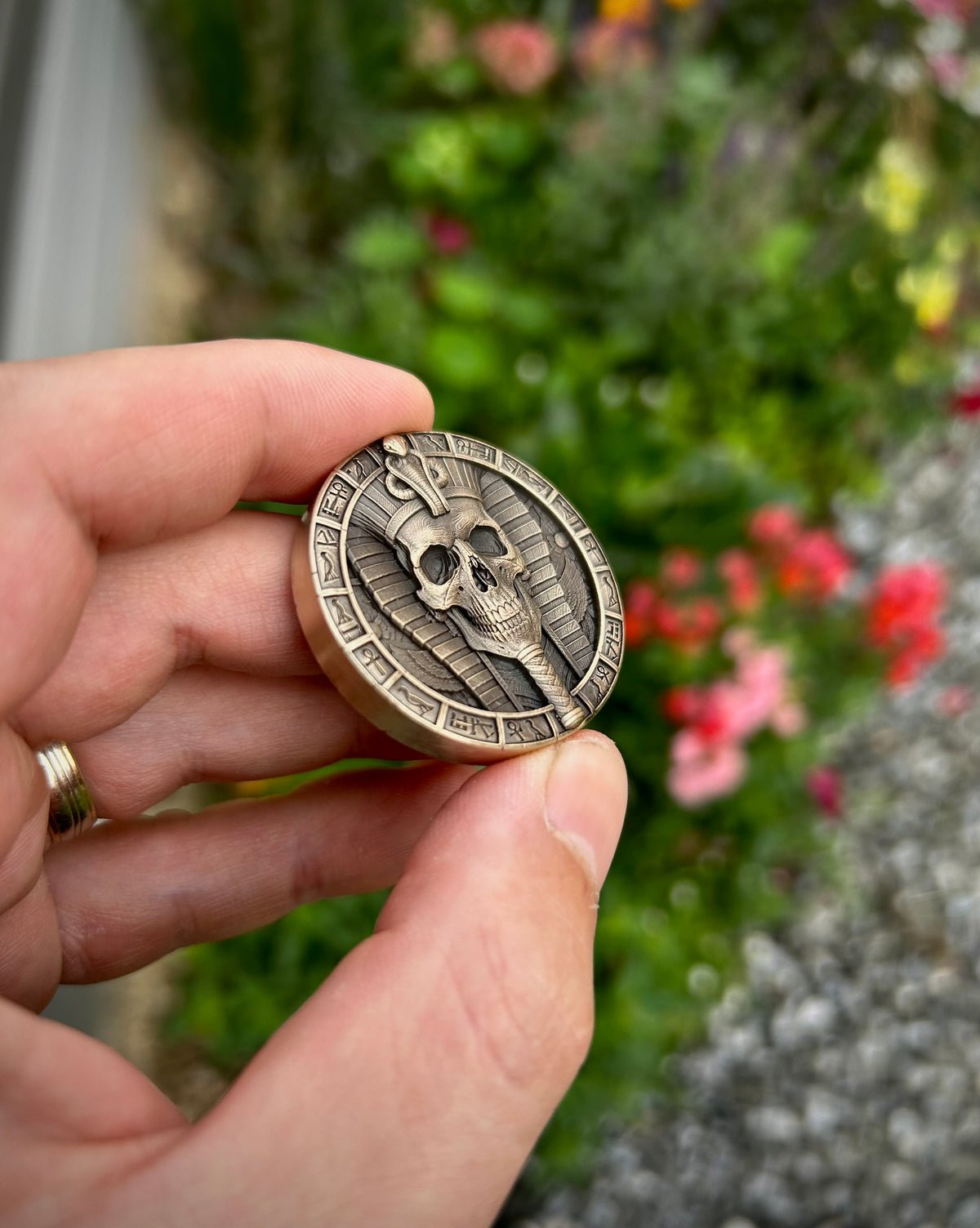 A hand holding a round bronze-toned coin featuring an Egyptian pharaoh skull design, with a blurred garden background.