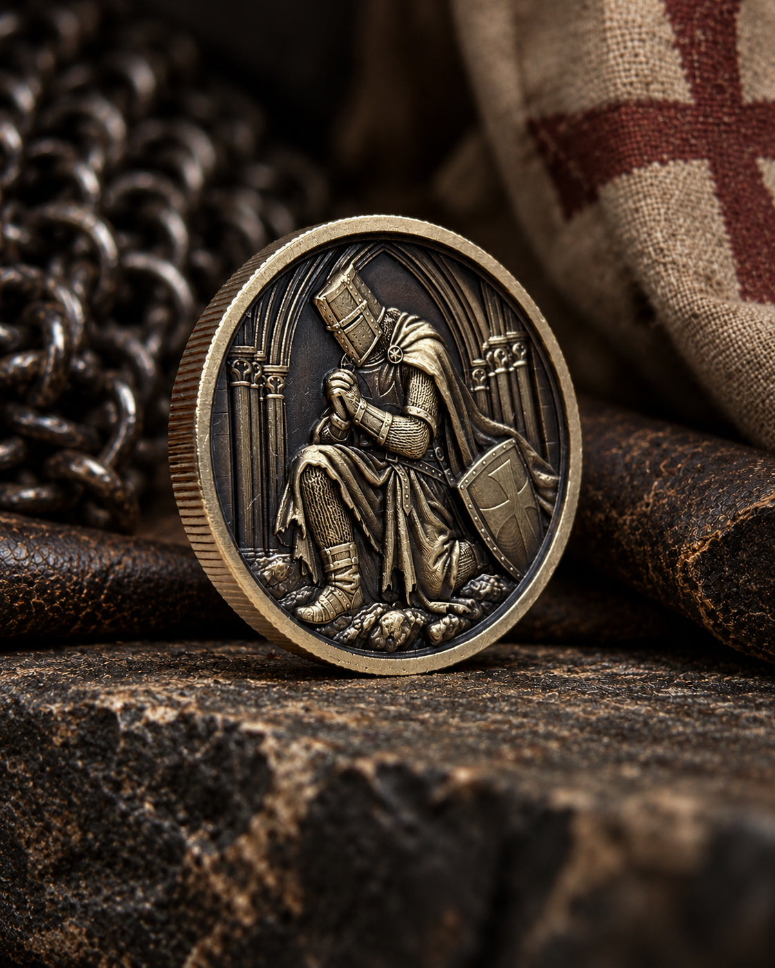 A round bronze-toned coin or medallion with an embossed medieval knight seated under a cross, displayed on a textured dark surface with chain and fabric in the background.