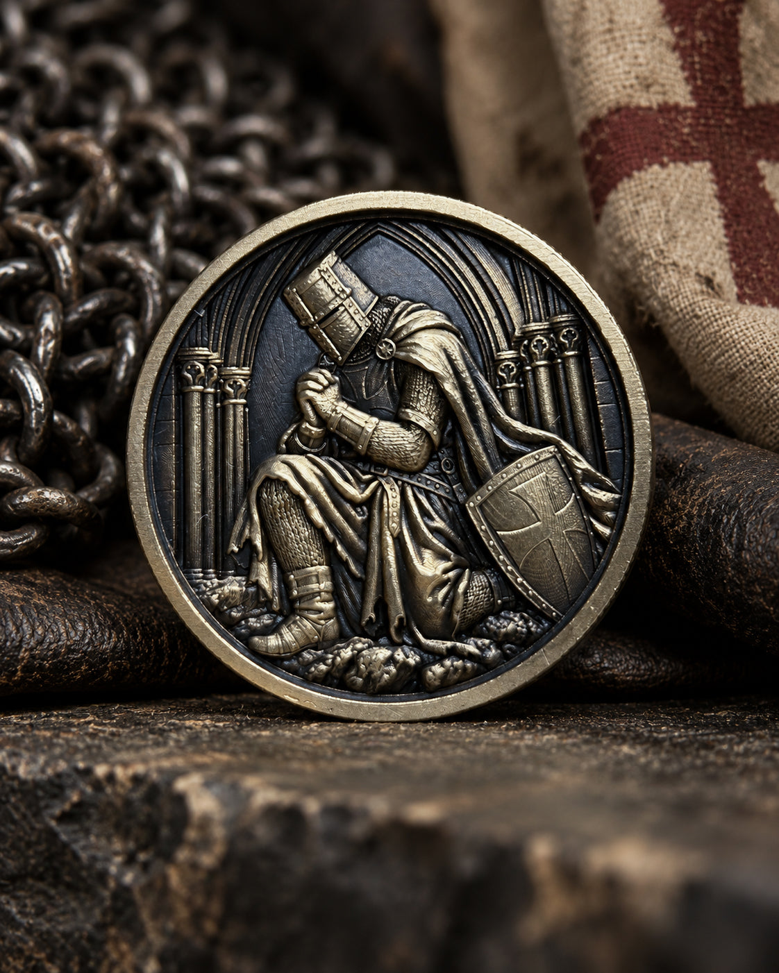 A round antique bronze-toned pendant or medallion featuring a kneeling crusader in detailed relief, shown resting on a rustic wooden surface with a dark chain and fabric in the background.