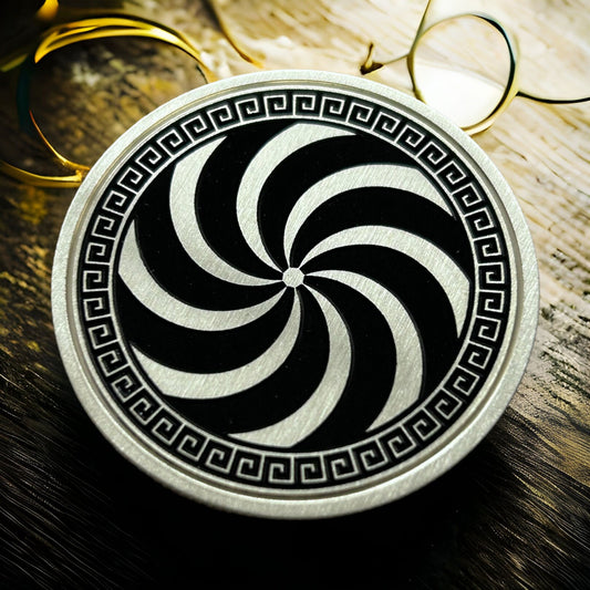 Optical Spiral Coin – Hypnotic Greek Pattern Design