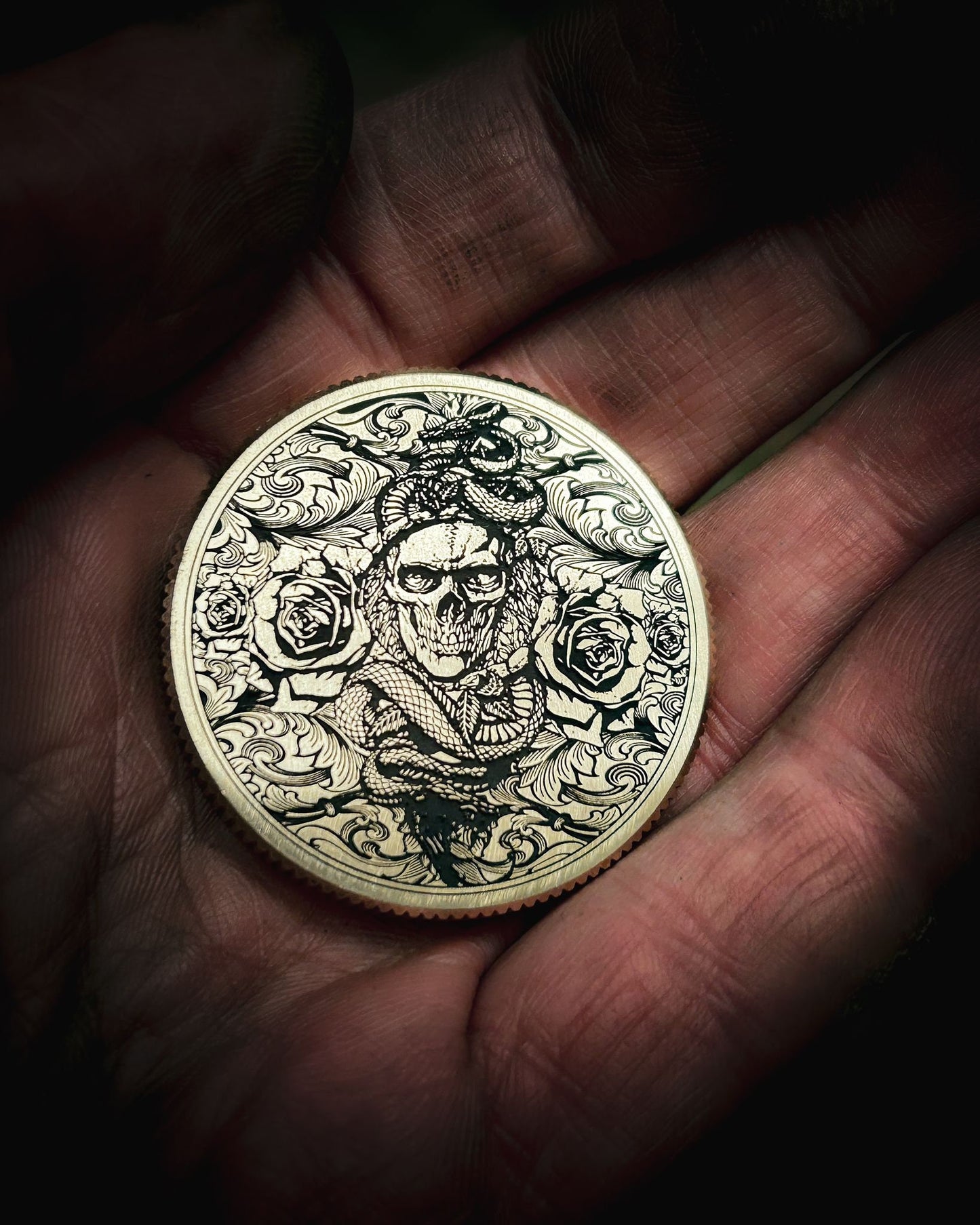 "Roses & Remains" Double-Sided Engraved Brass Coin